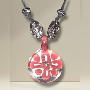 Art Glass pendant Red White Tribal bead decorated leather necklace